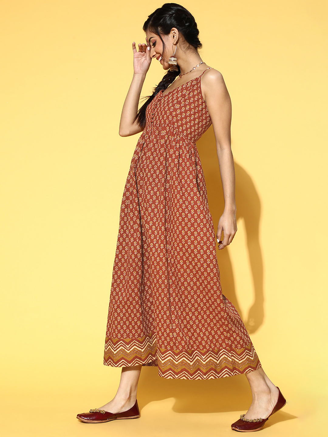 Rust Printed Fit and Flared Cotton Dress