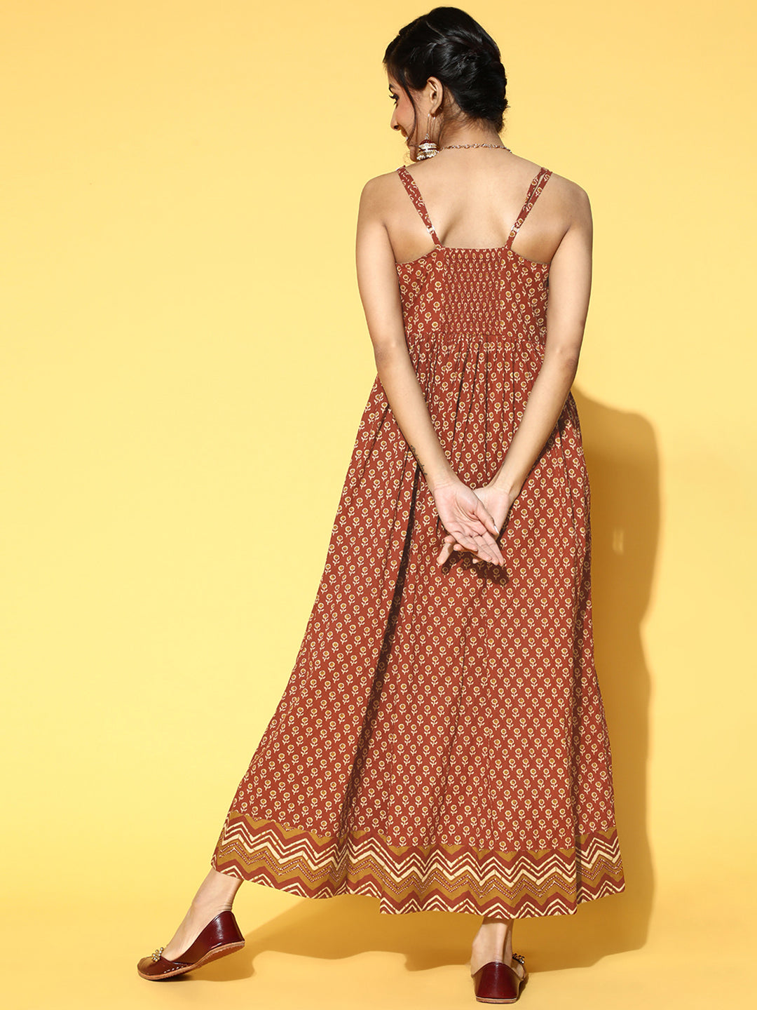 Rust Printed Fit and Flared Cotton Dress