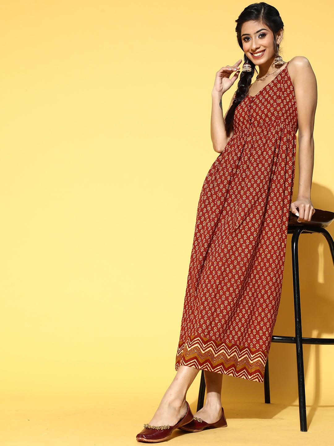 Rust Printed Fit and Flared Cotton Dress