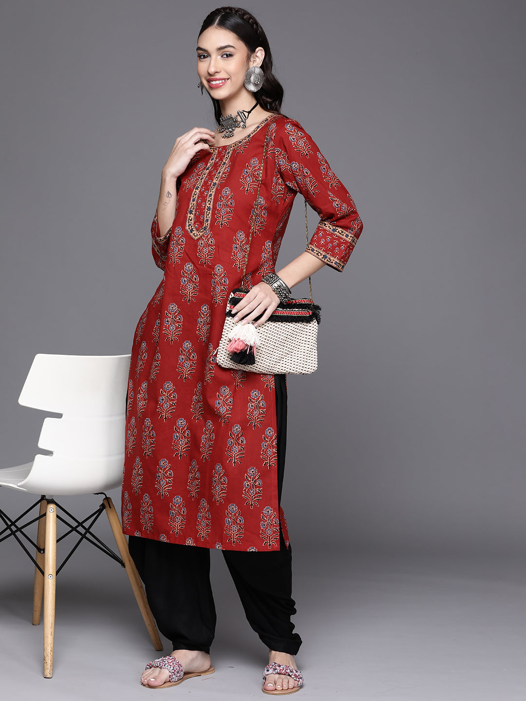 Maroon Printed Cotton Kurta