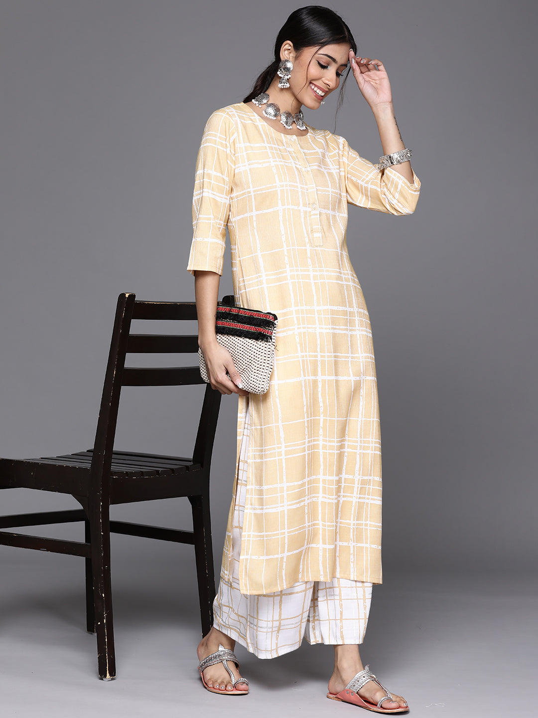 Yellow Printed Rayon Kurta