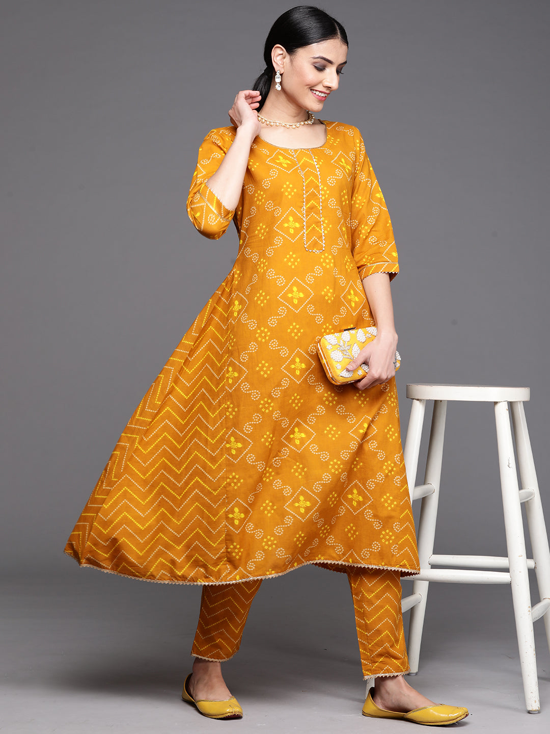 Mustard Printed Cotton Kurta