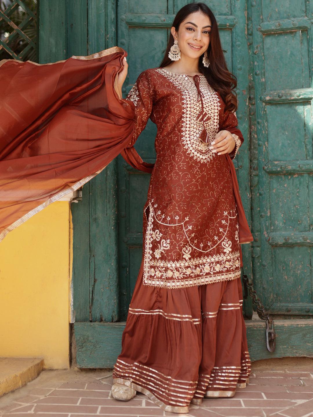 Rust Yoke Design Silk Blend Suit Set With Sharara - ShopLibas