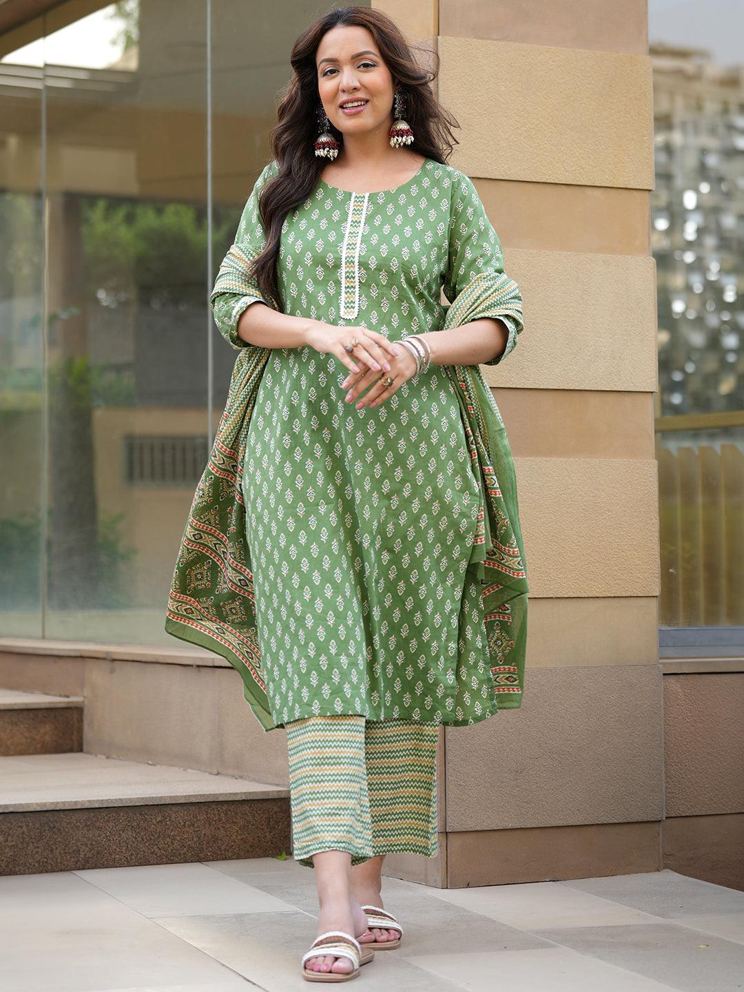 Green Printed Cotton Straight Kurta With Trousers & Dupatta