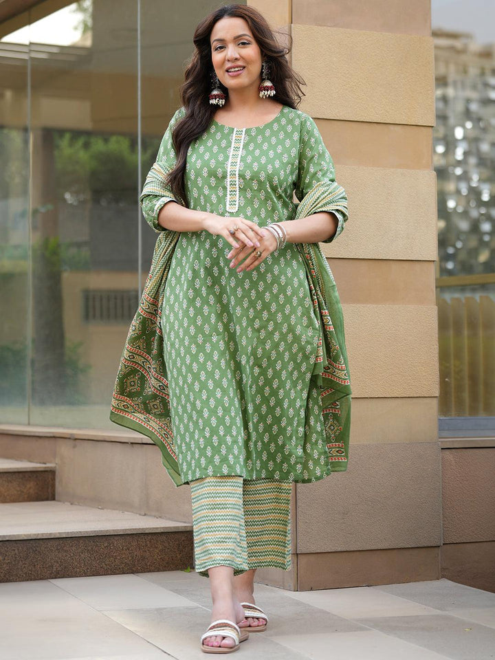 Green Printed Cotton Straight Kurta With Trousers & Dupatta - ShopLibas