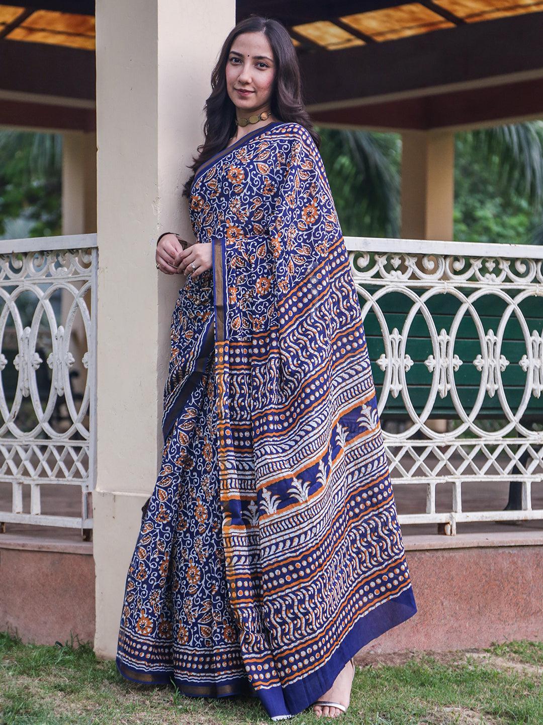 Blue Printed Cotton Saree - ShopLibas