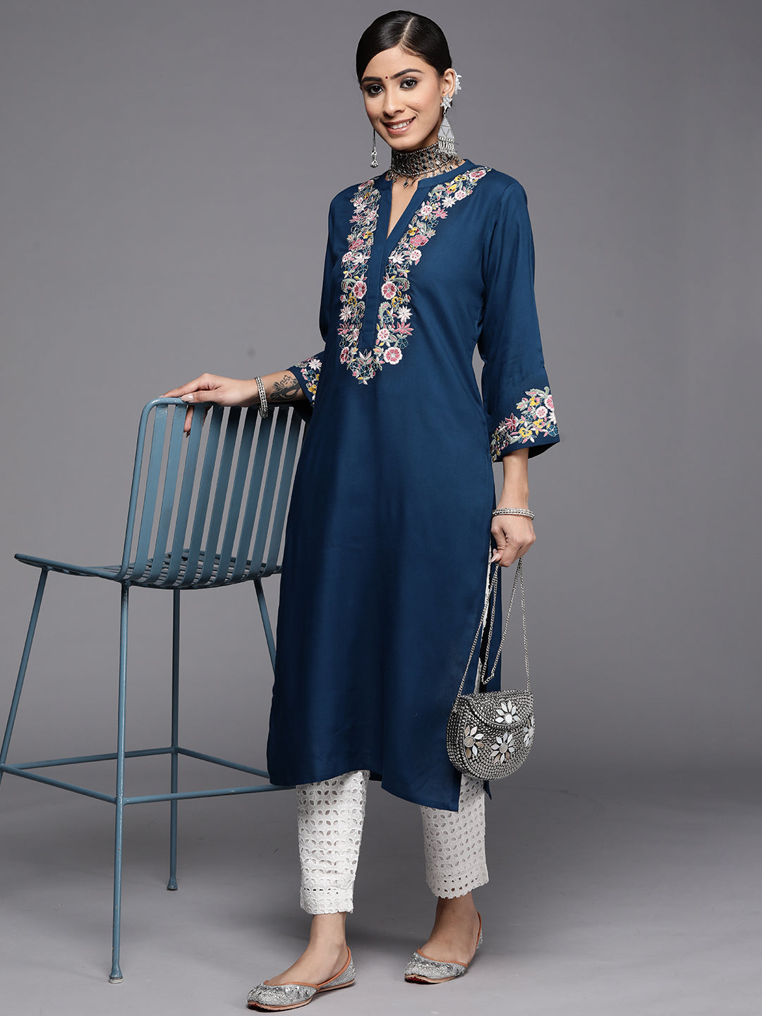 Blue Yoke Design Rayon Kurta