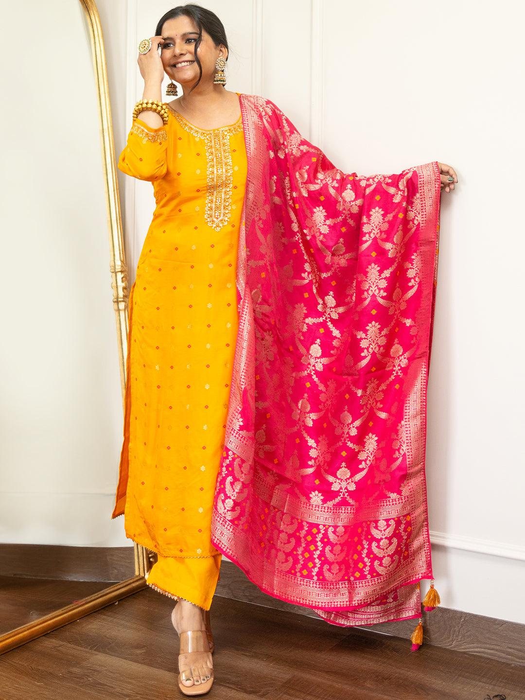 Mustard Woven Design Silk Straight Kurta With Trousers & Dupatta - ShopLibas