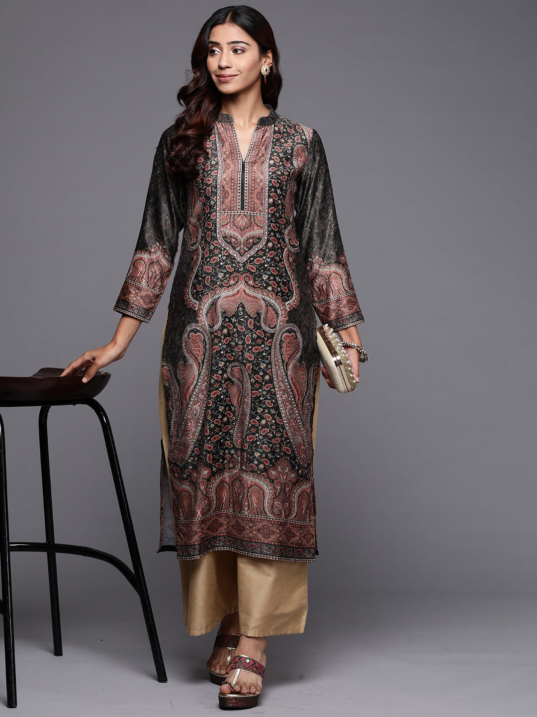 Olive Printed Velvet Straight Kurta