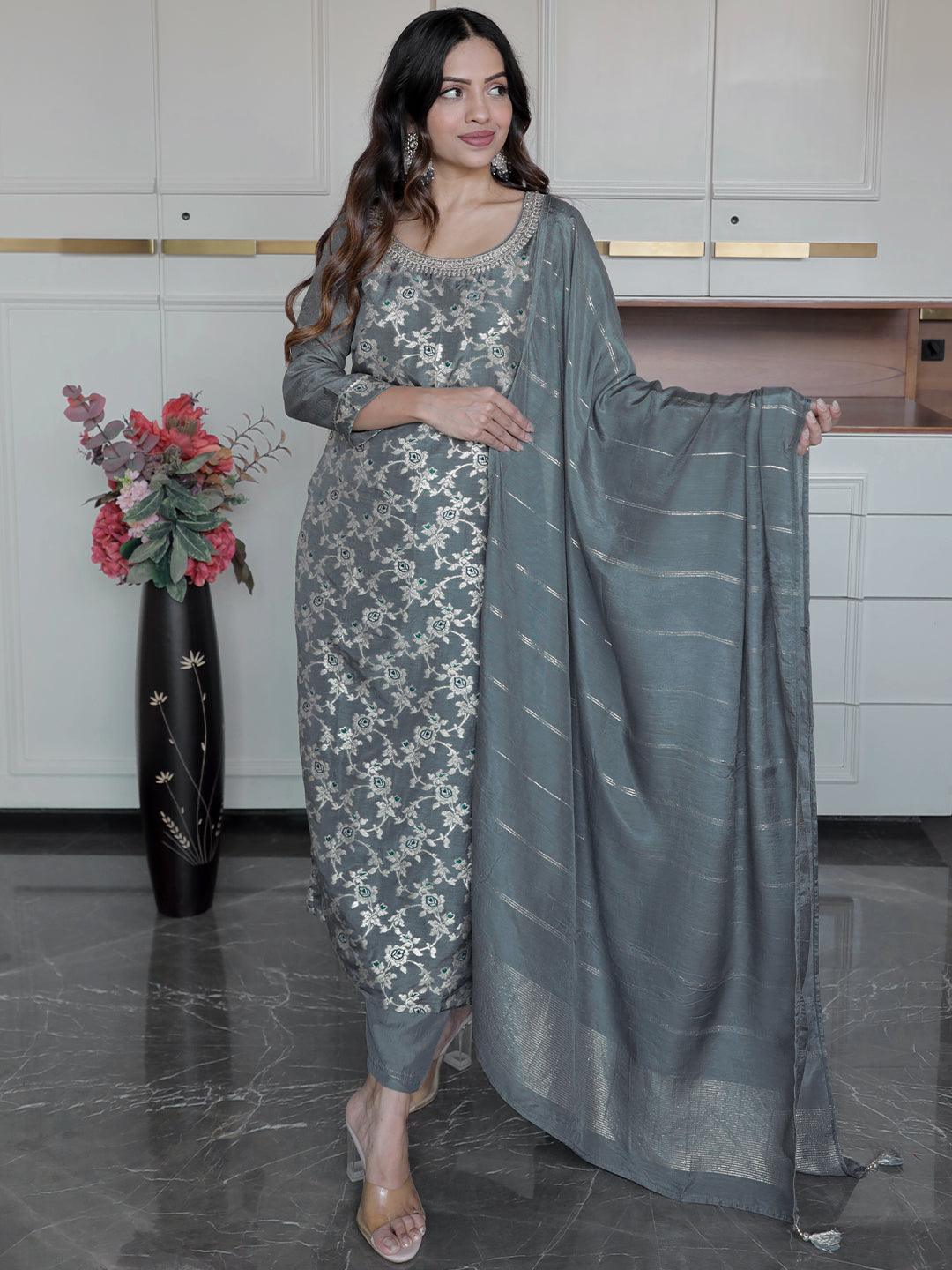 Grey Woven Design Silk Blend Straight Suit With Dupatta