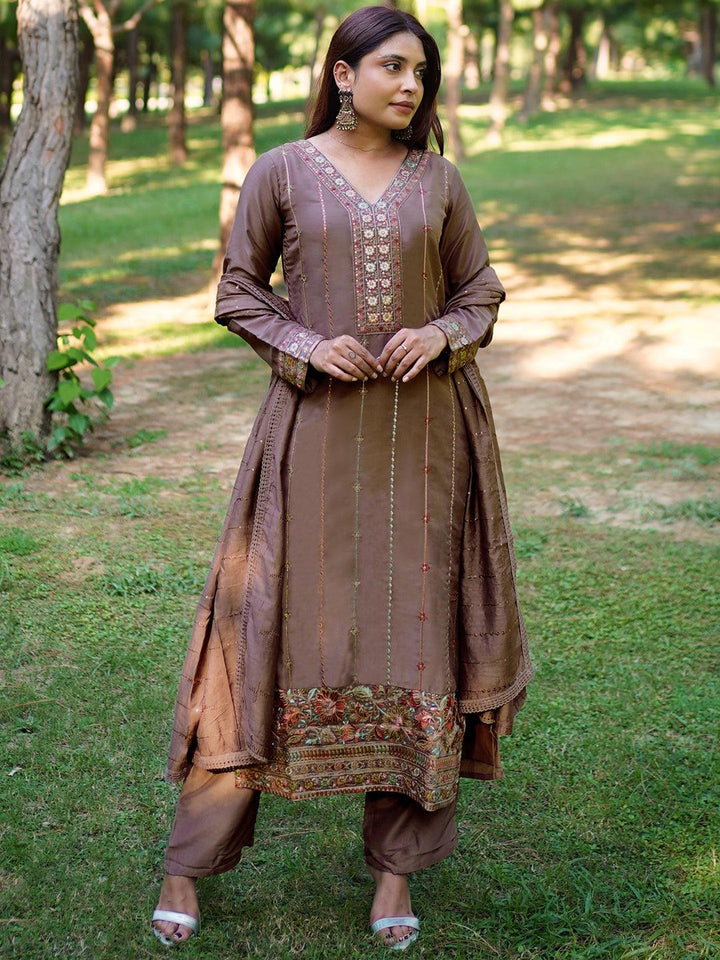 Brown Embroidered Silk Straight Kurta With Trousers & Dupatta - ShopLibas