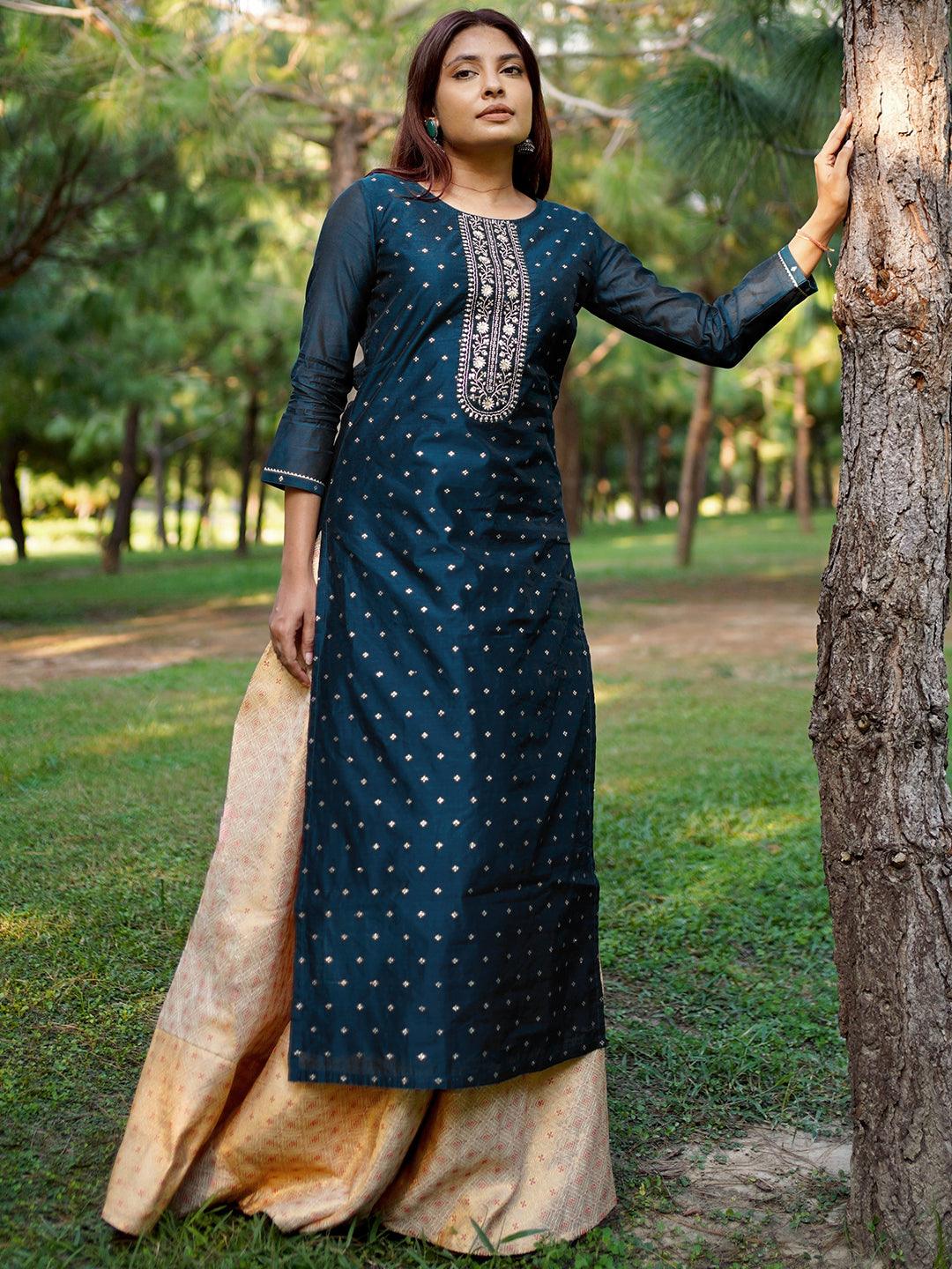 Teal Woven Design Chanderi Silk Straight Kurta