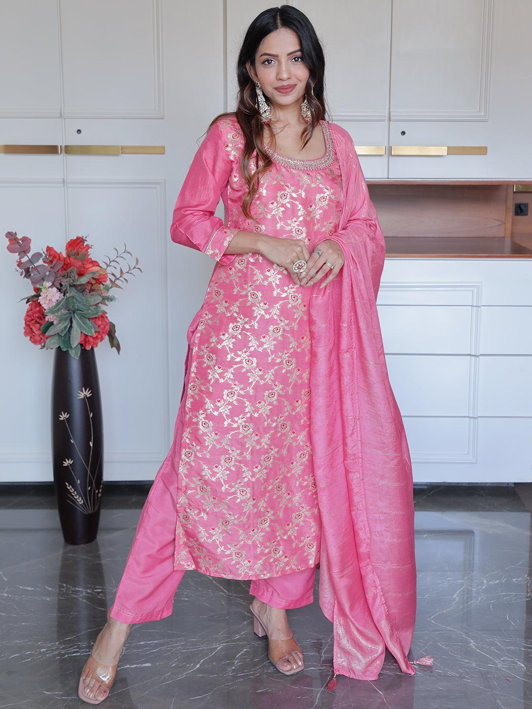 Pink Woven Design Silk Blend Straight Kurta With Trousers & Dupatta - ShopLibas