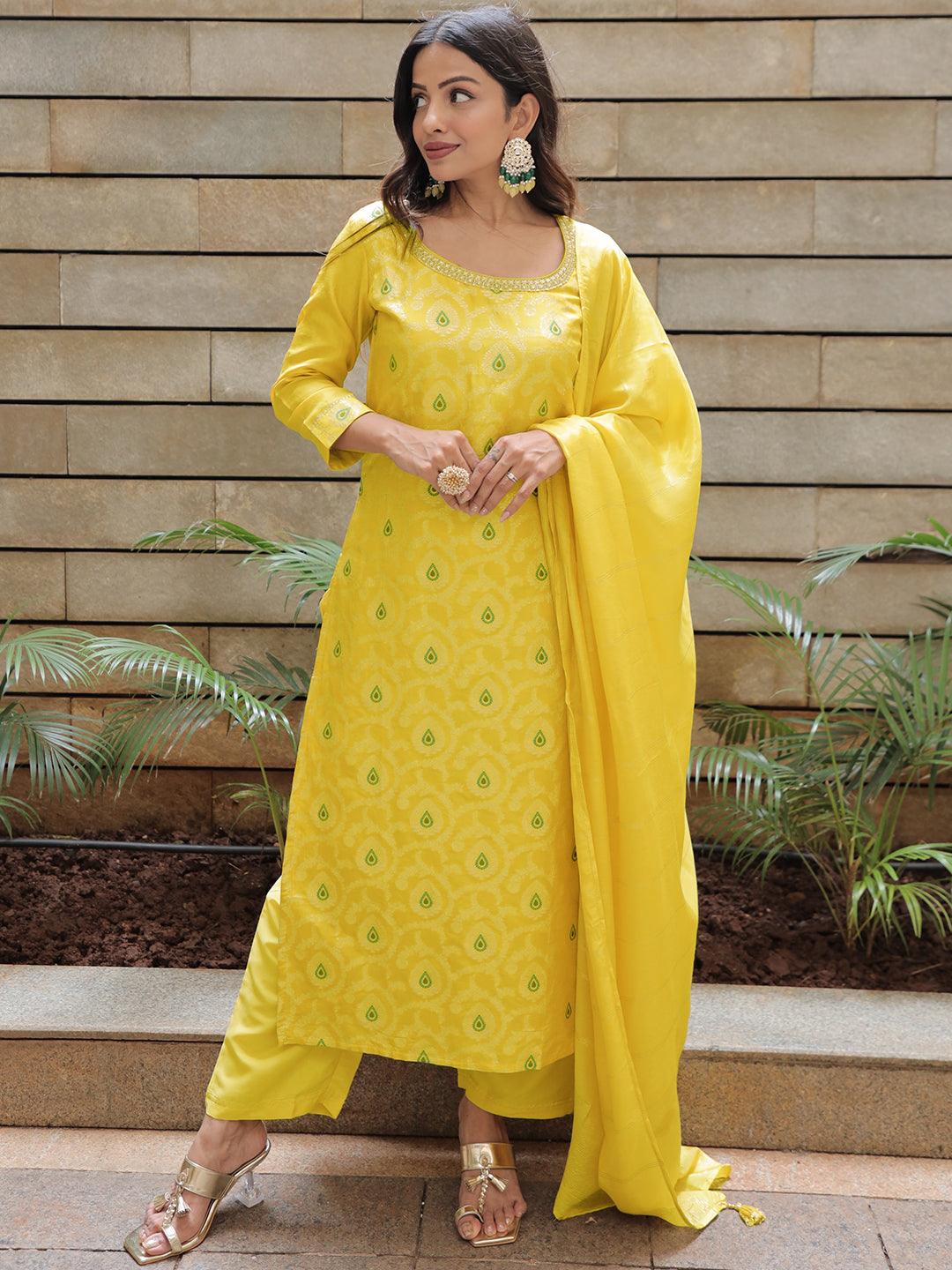 Yellow Woven Design Silk Blend Straight Suit With Dupatta