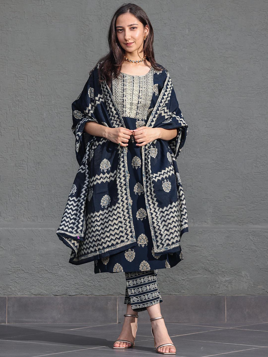 Blue Printed Silk Blend Straight Suit With Dupatta