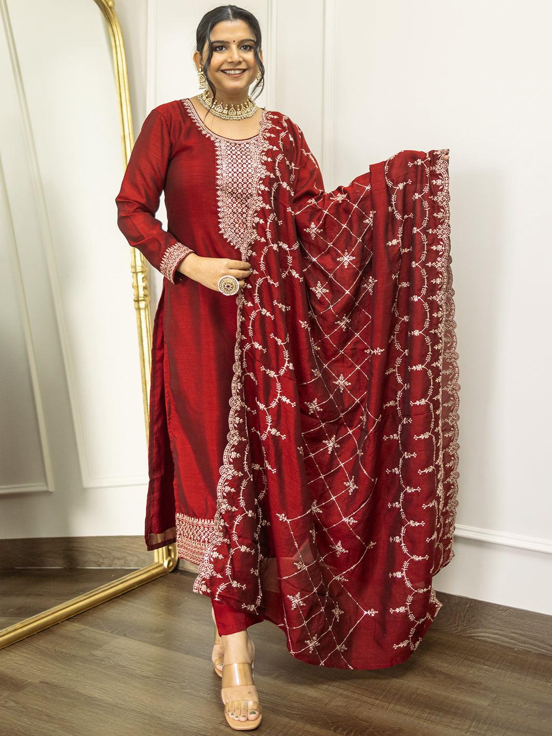 Maroon Yoke Design Silk Blend Straight Kurta With Trousers & Dupatta - ShopLibas