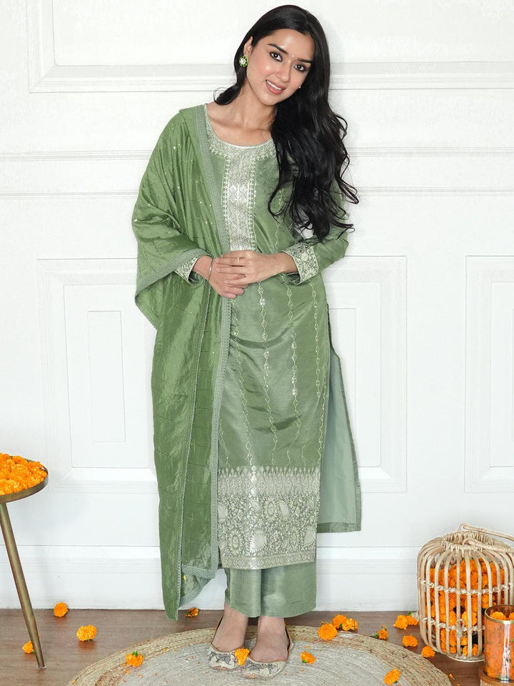 Sage Green Embroidered Silk Straight Kurta With Trousers & Dupatta - ShopLibas