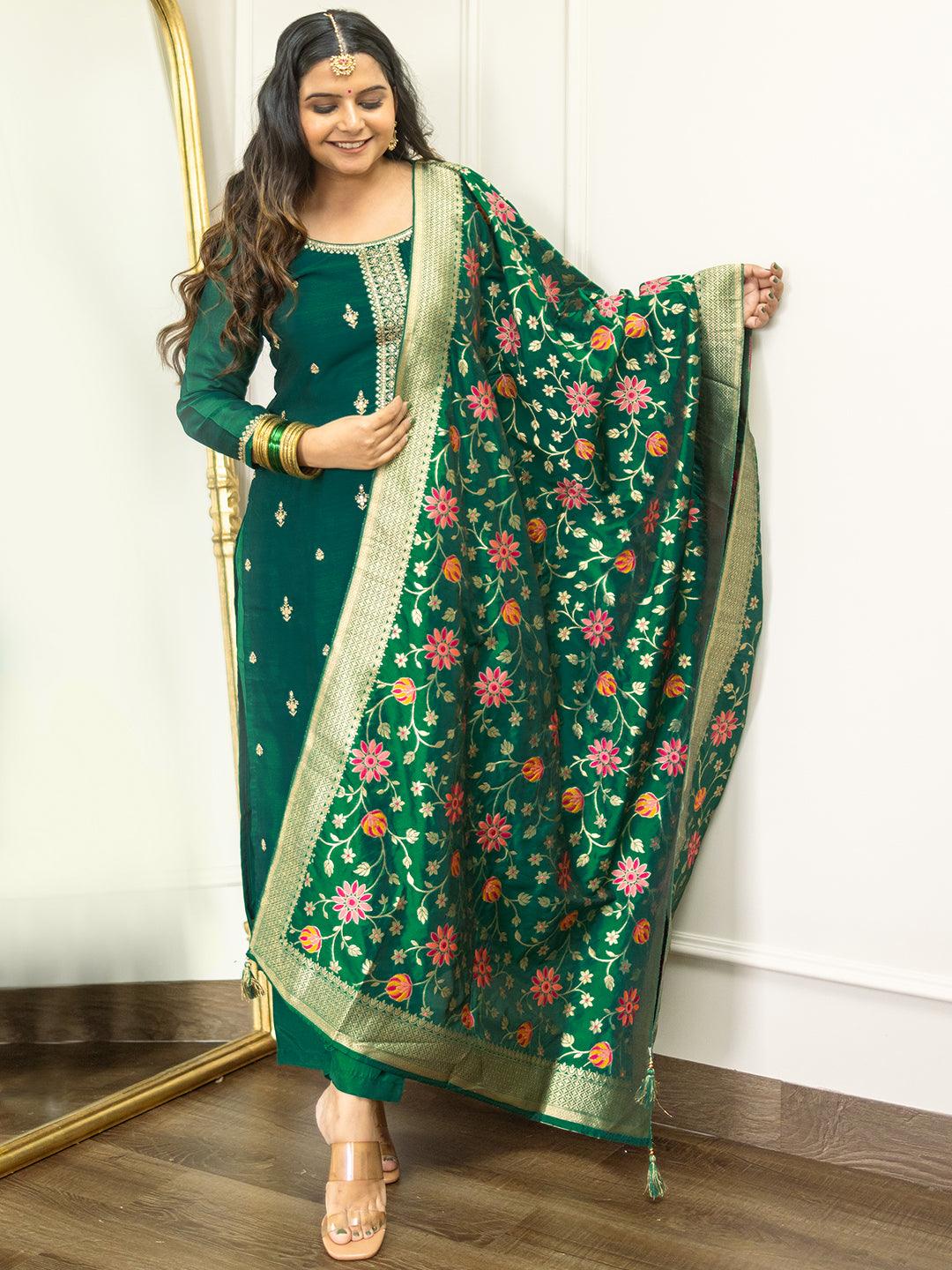 Bottle Green Embroidered Silk Blend Straight Kurta With Trousers & Dupatta - ShopLibas