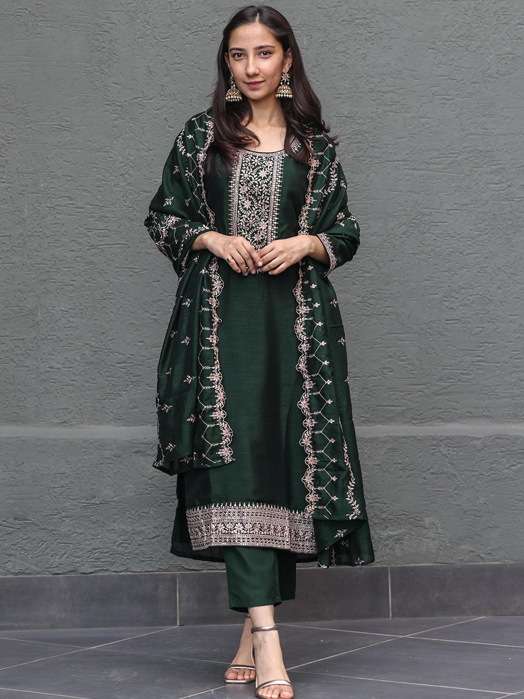 Green Yoke Design Silk Blend Straight Suit With Dupatta