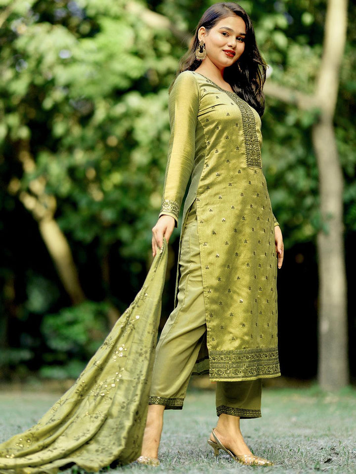 Sage Green Embroidered Silk Blend Straight Kurta With Trousers & Dupatta - ShopLibas