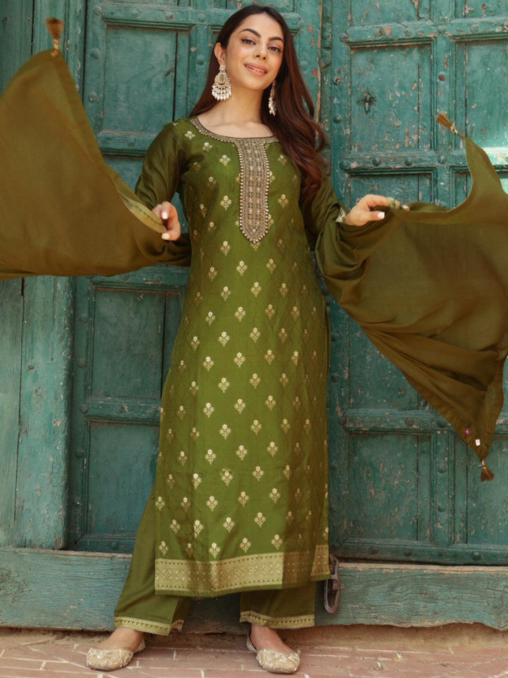 Olive Woven Design Silk Blend Straight Kurta With Trousers & Dupatta - ShopLibas