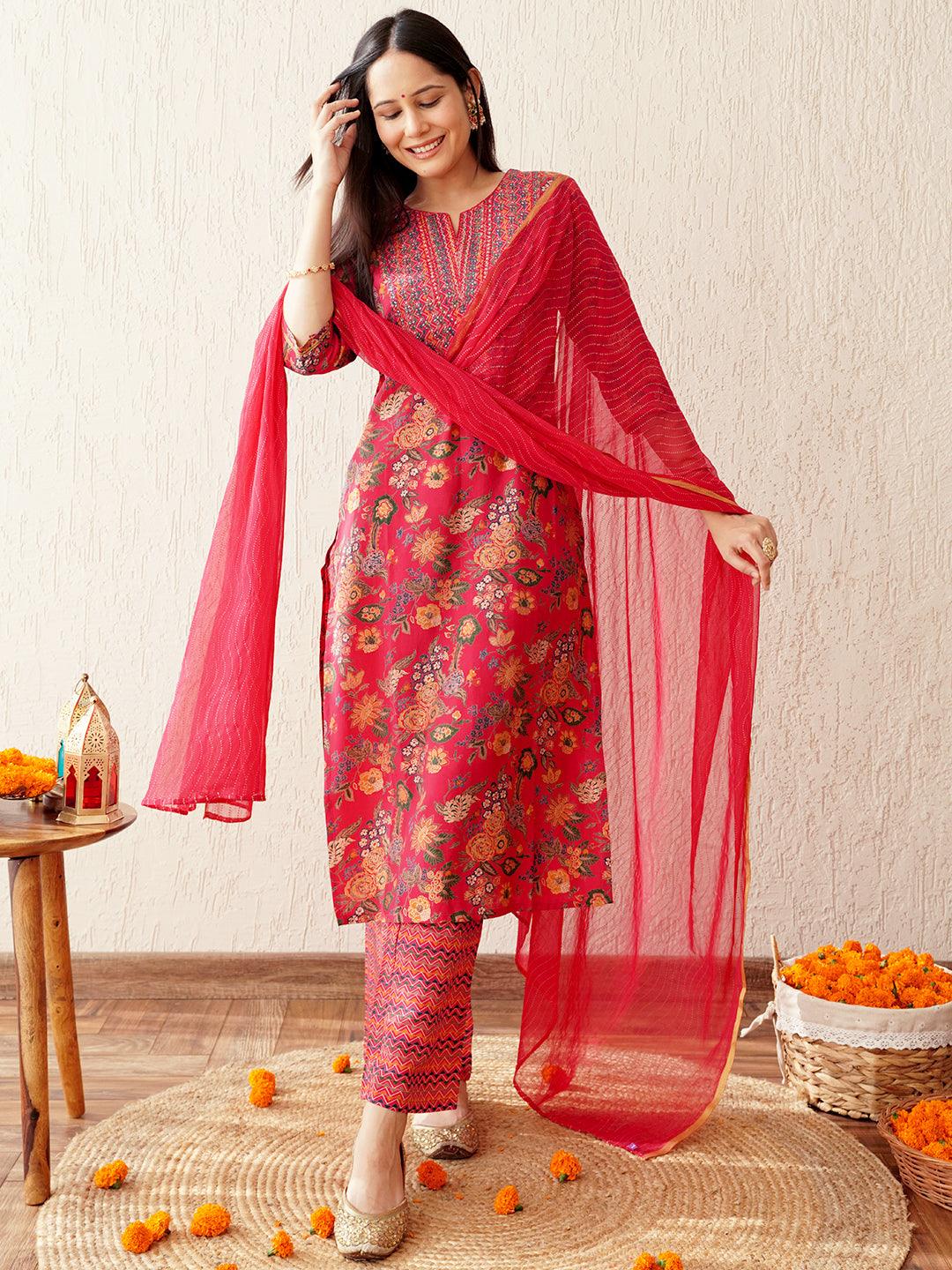 Pink Printed Silk Blend Straight Kurta With Trousers & Dupatta - ShopLibas