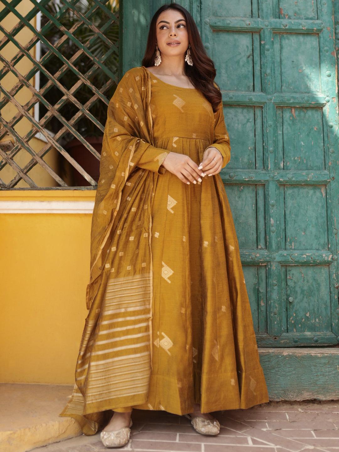 Mustard Woven Design Chanderi Silk Anarkali Kurta With Palazzos & Dupatta - ShopLibas