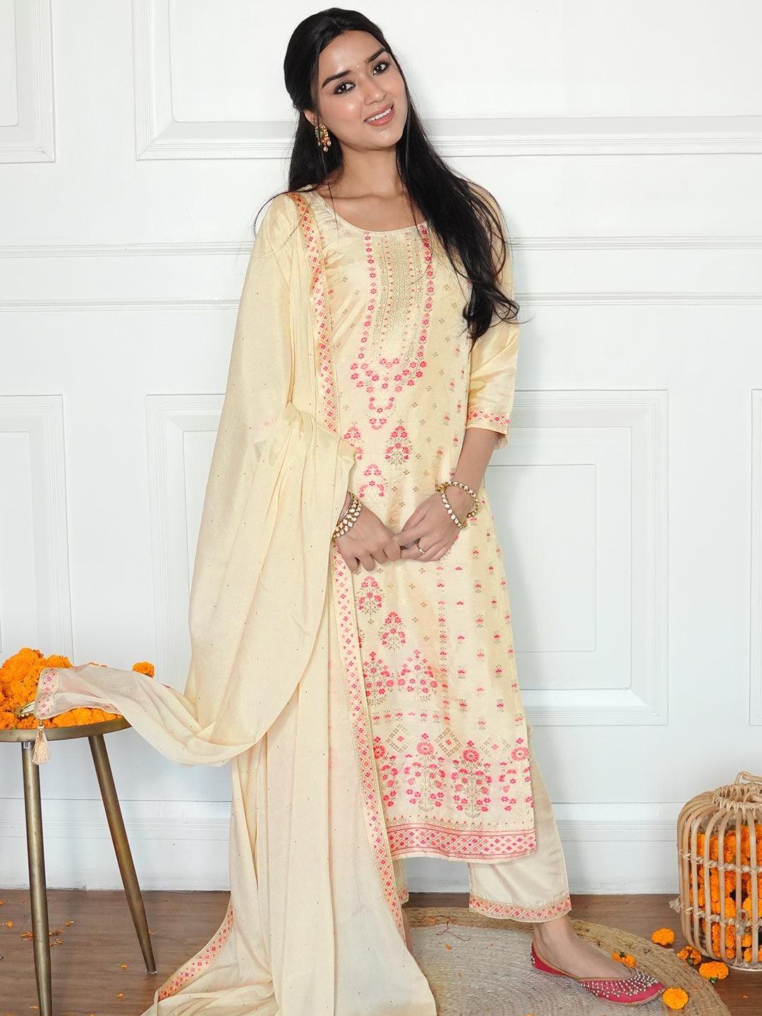 Ivory Woven Design Silk Blend Straight Kurta With Trousers & Dupatta - ShopLibas