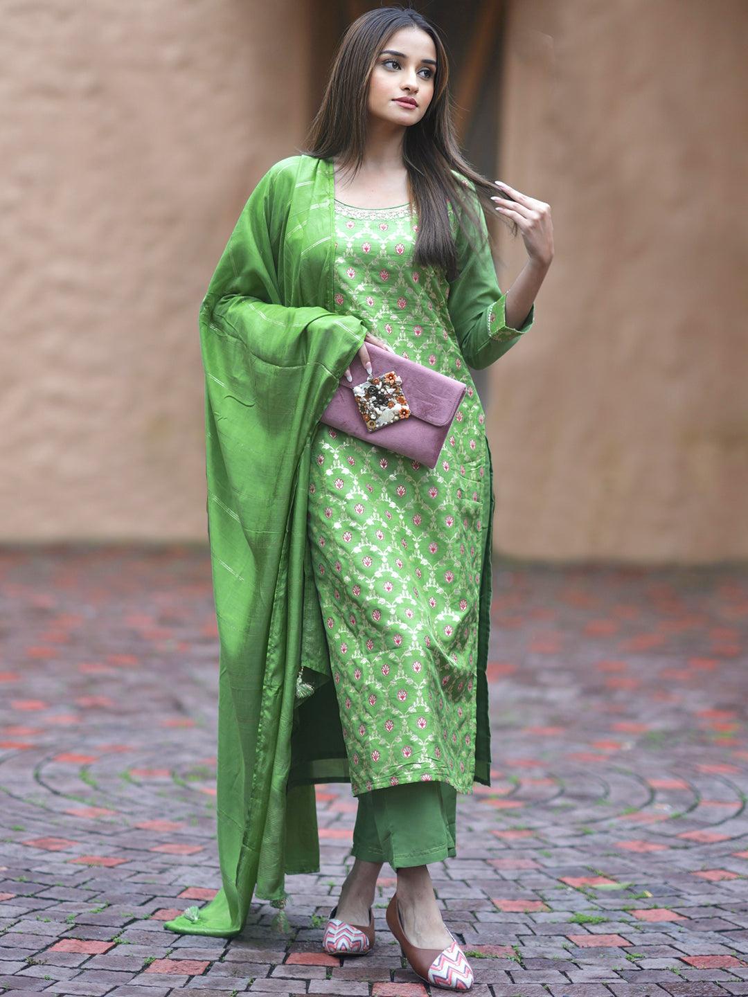 Green Woven Design Silk Blend Straight Suit With Dupatta