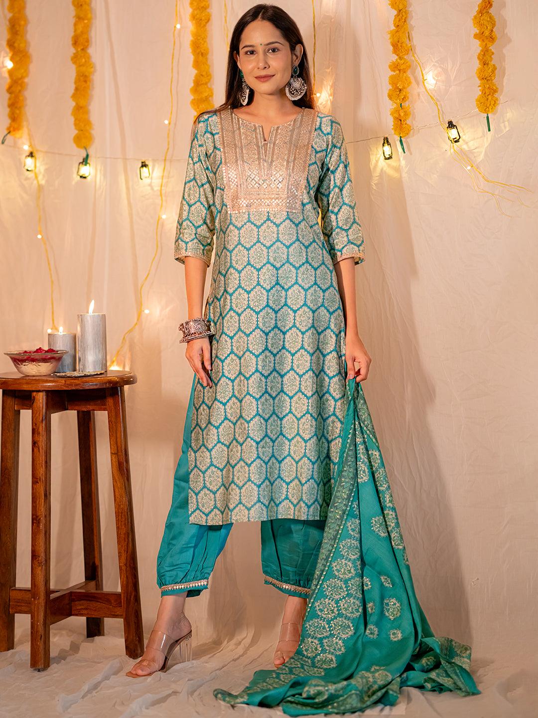 Blue Printed Silk Blend Straight Suit With Dupatta