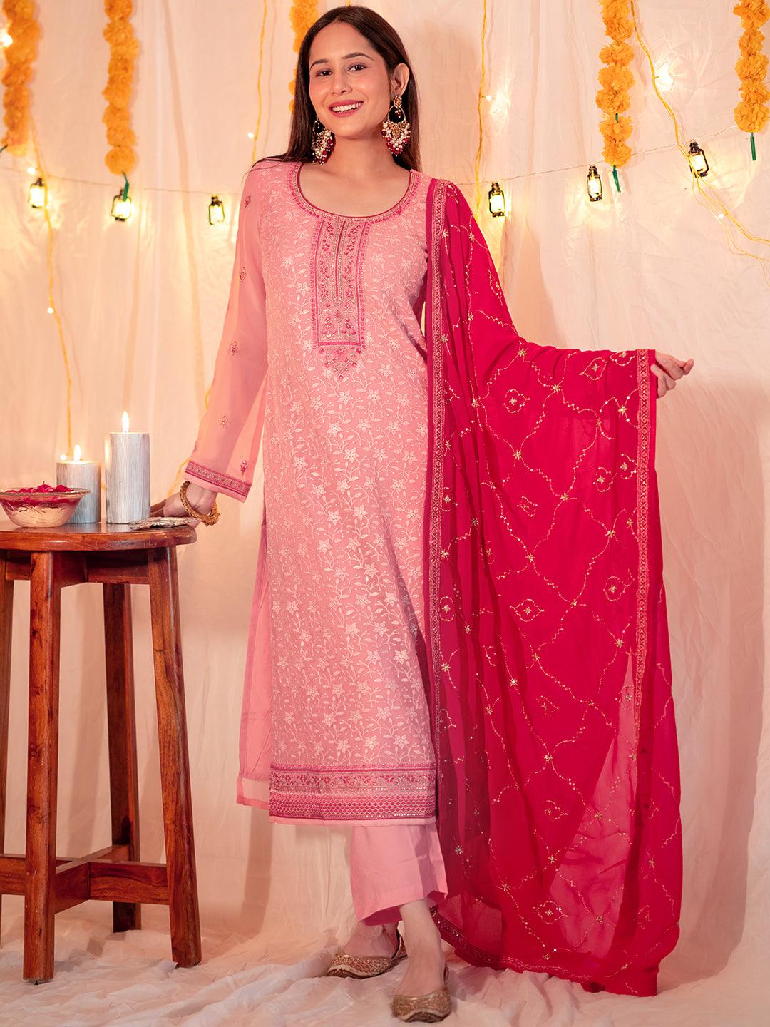 Peach Embroidered Georgette Straight Kurta With Trousers & Dupatta - ShopLibas