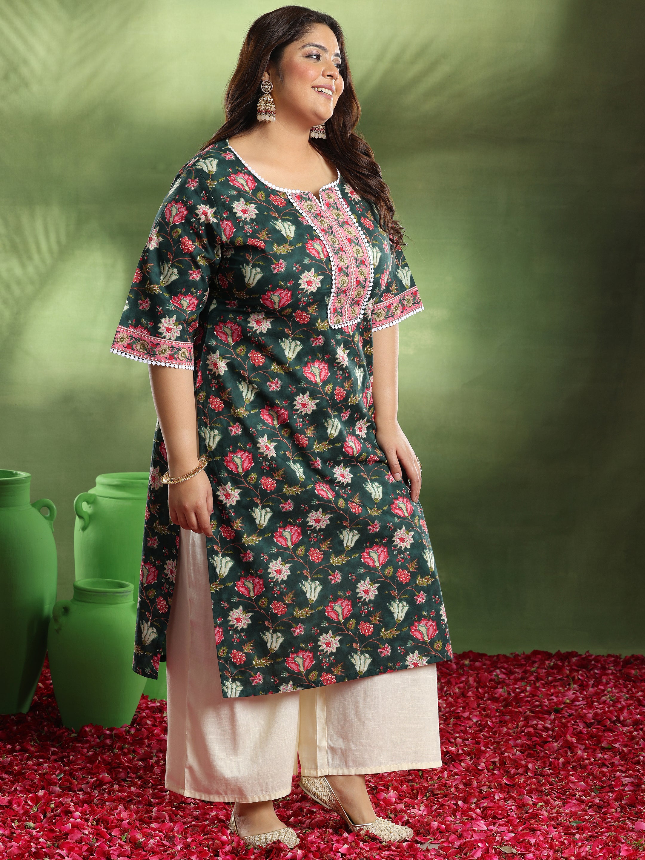 Plus Size Black Printed Cotton Kurta