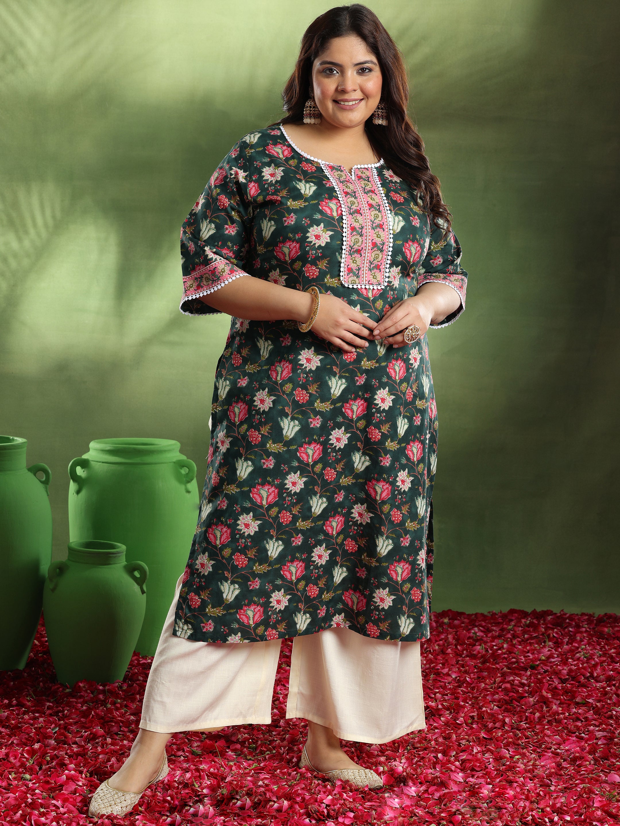 Plus Size Black Printed Cotton Kurta