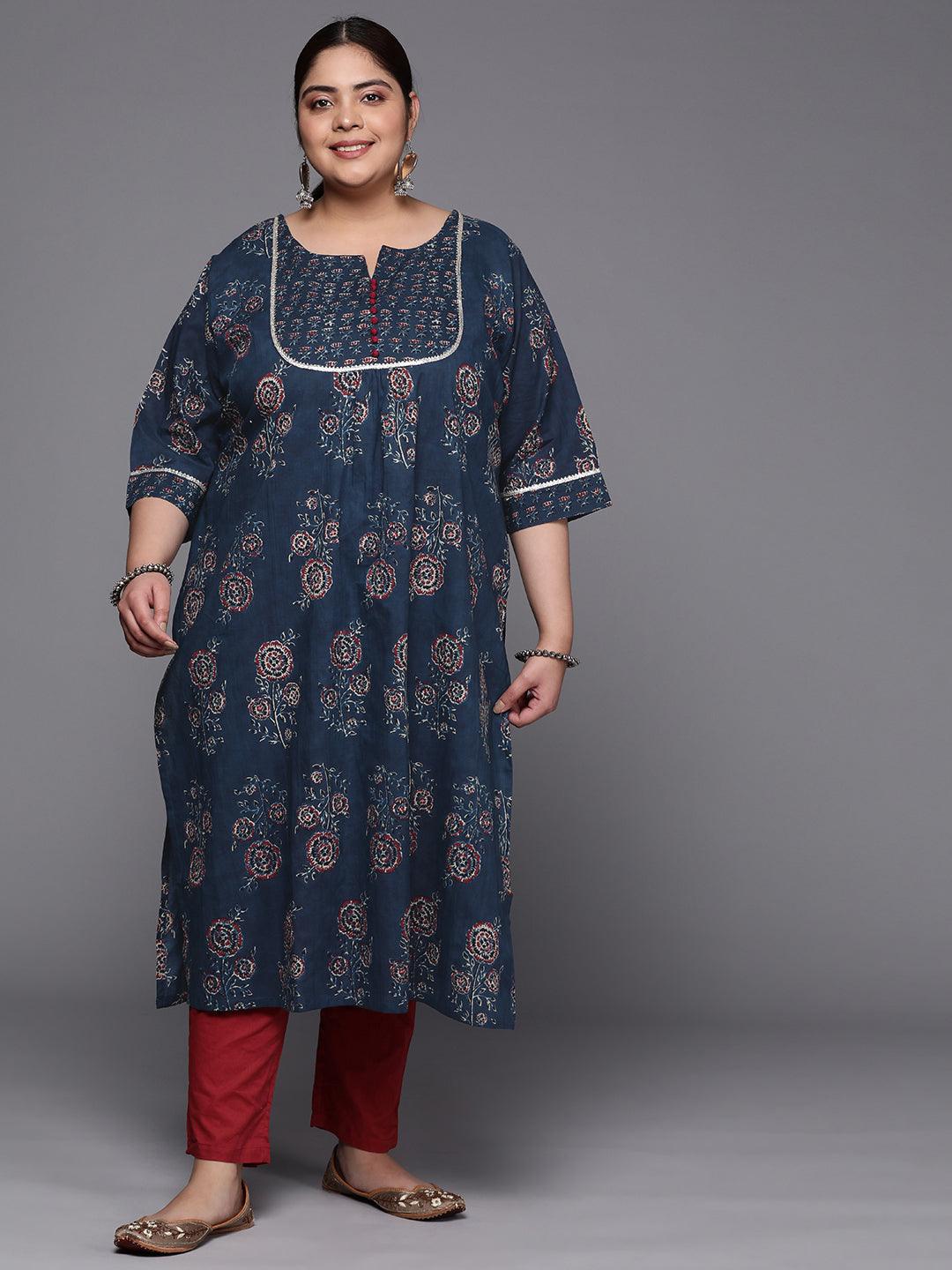 Plus Size Blue Yoke Design Cotton Straight Kurta - ShopLibas