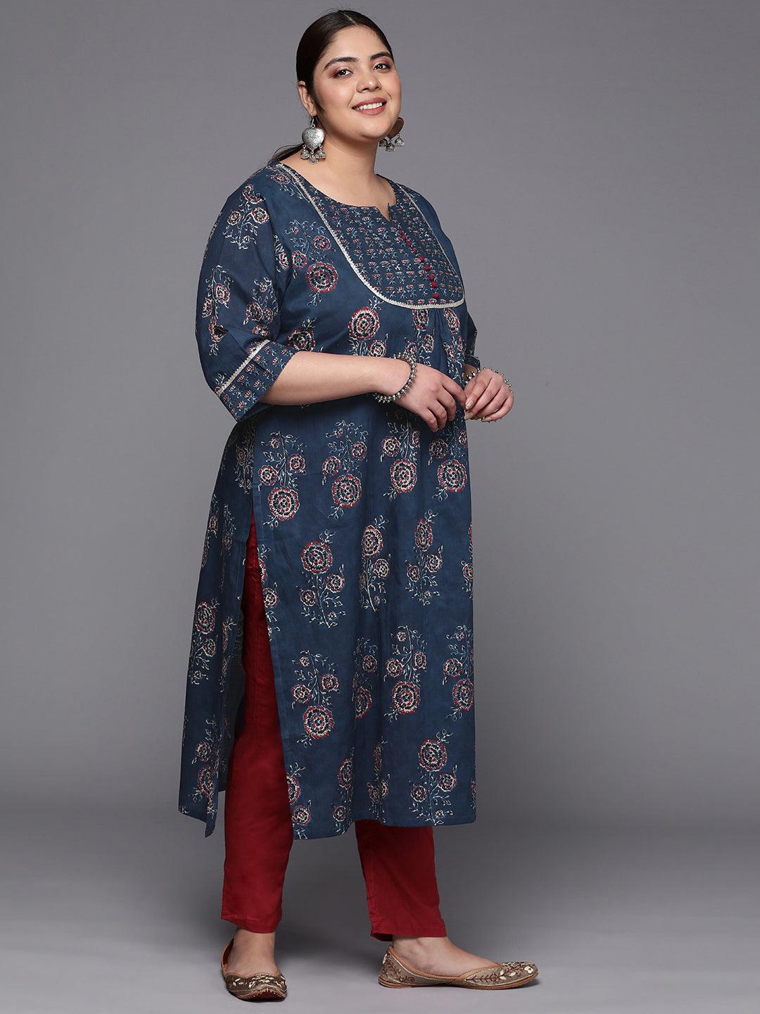 Plus Size Blue Yoke Design Cotton Straight Kurta - ShopLibas