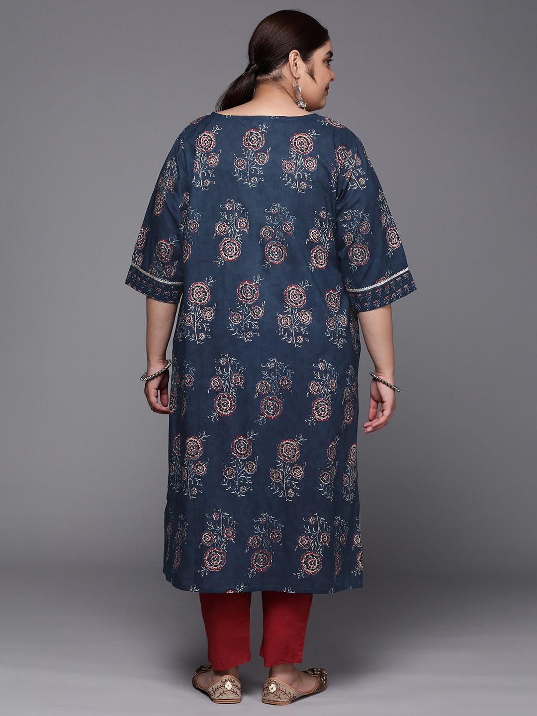 Plus Size Blue Yoke Design Cotton Straight Kurta - ShopLibas