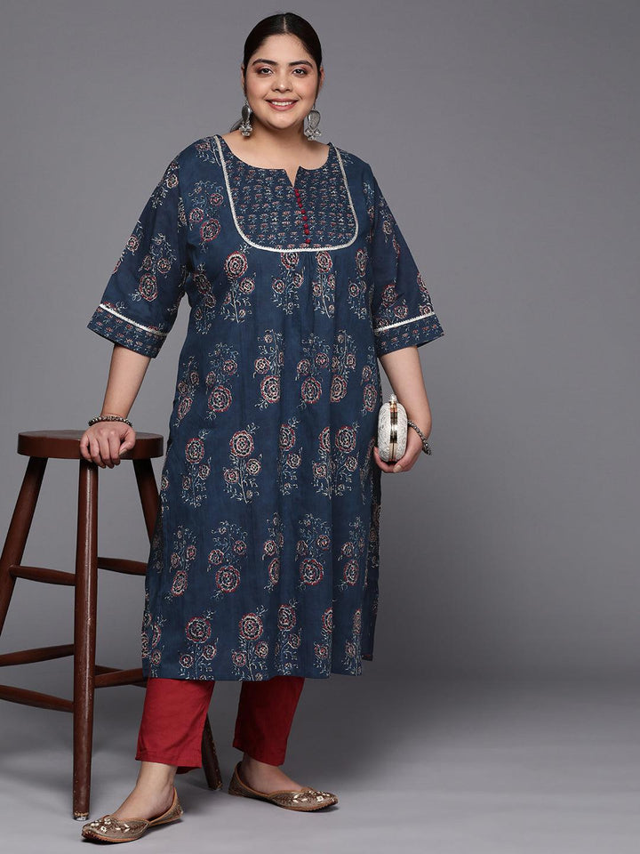 Plus Size Blue Yoke Design Cotton Straight Kurta - ShopLibas