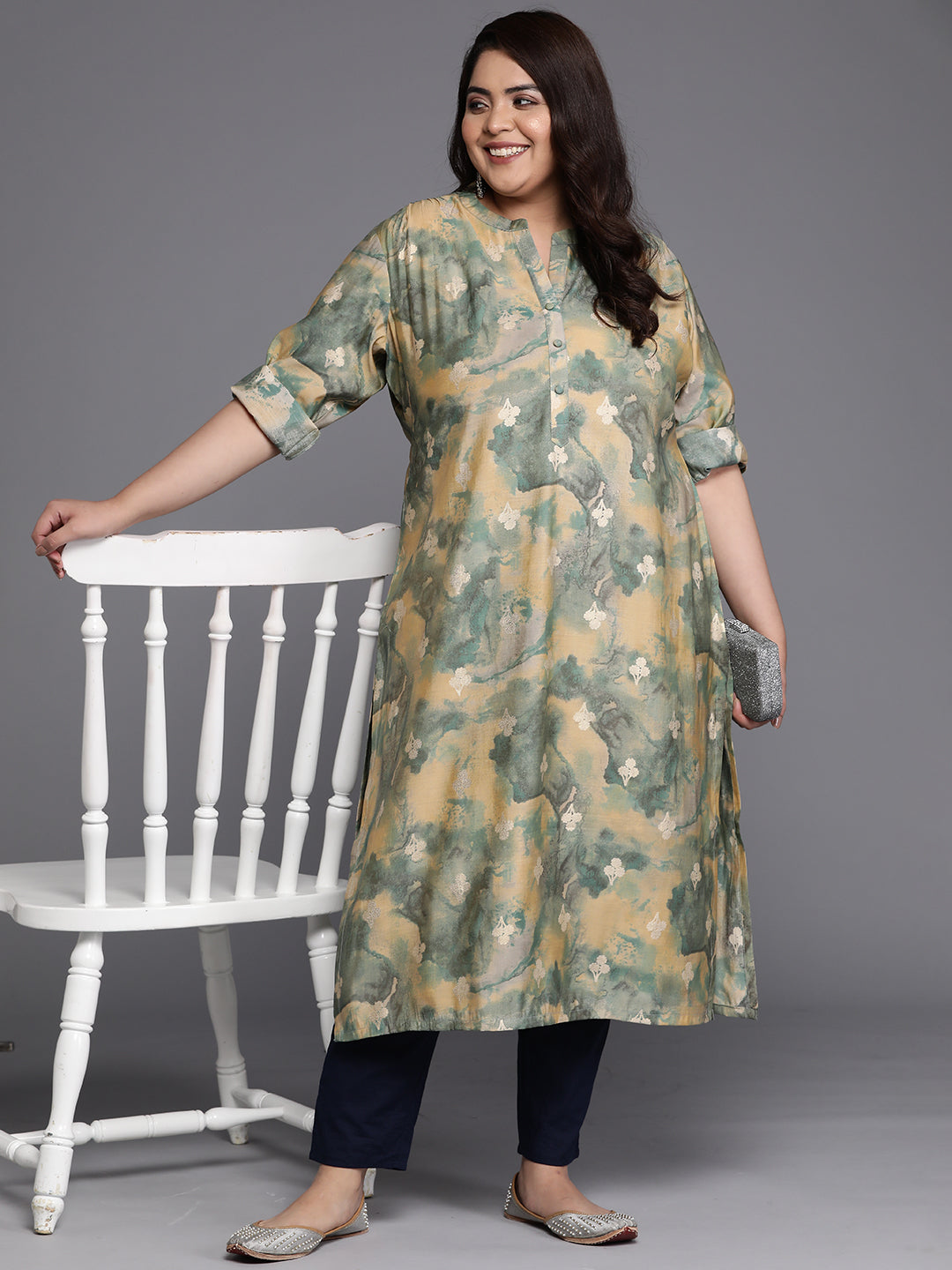 Plus Size Green Printed Silk Straight Kurta