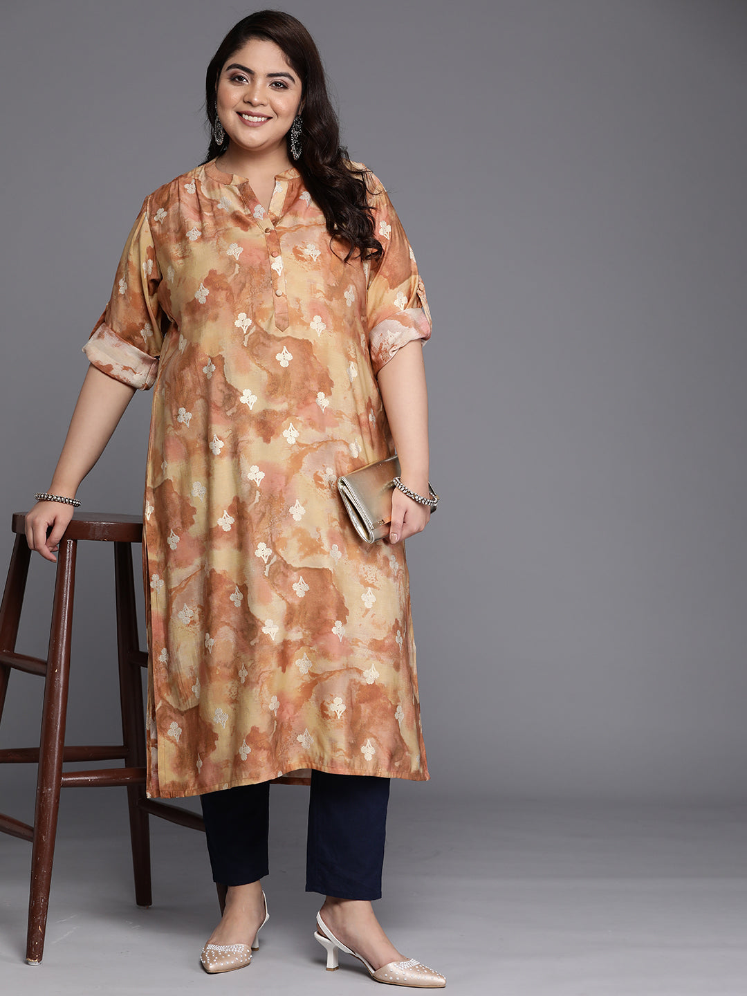 Plus Size Brown Printed Silk Straight Kurta