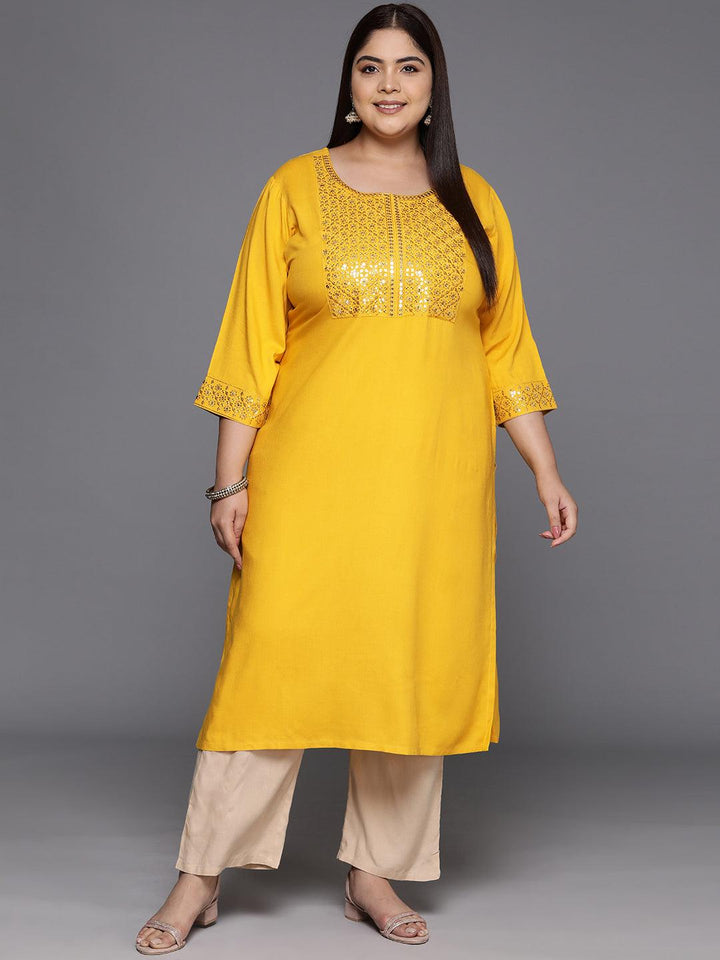 Plus Size Mustard Yoke Design Rayon Straight Kurta - ShopLibas