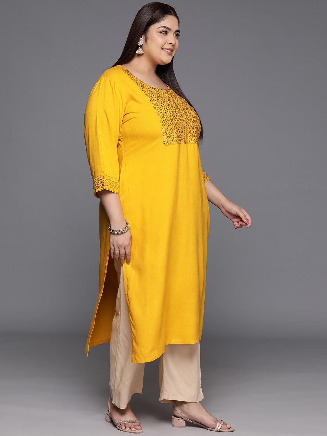 Plus Size Mustard Yoke Design Rayon Straight Kurta - ShopLibas