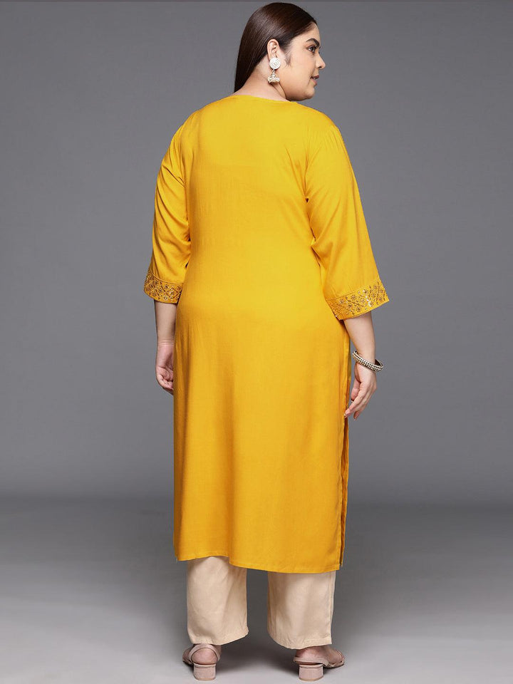 Plus Size Mustard Yoke Design Rayon Straight Kurta - ShopLibas