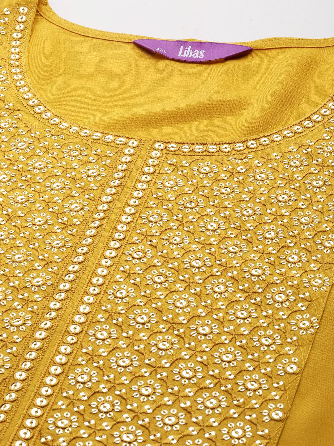 Plus Size Mustard Yoke Design Rayon Straight Kurta - ShopLibas