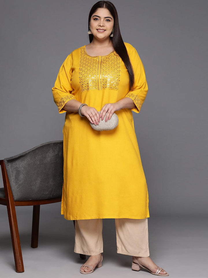 Plus Size Mustard Yoke Design Rayon Straight Kurta - ShopLibas