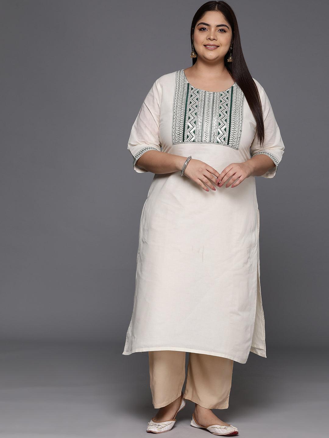 Plus Size Off White Yoke Design Cotton Straight Kurta