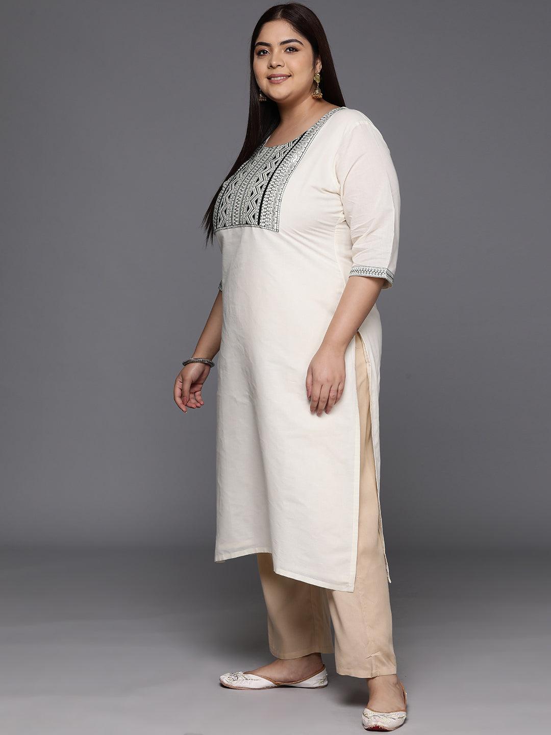 Plus Size Off White Yoke Design Cotton Straight Kurta