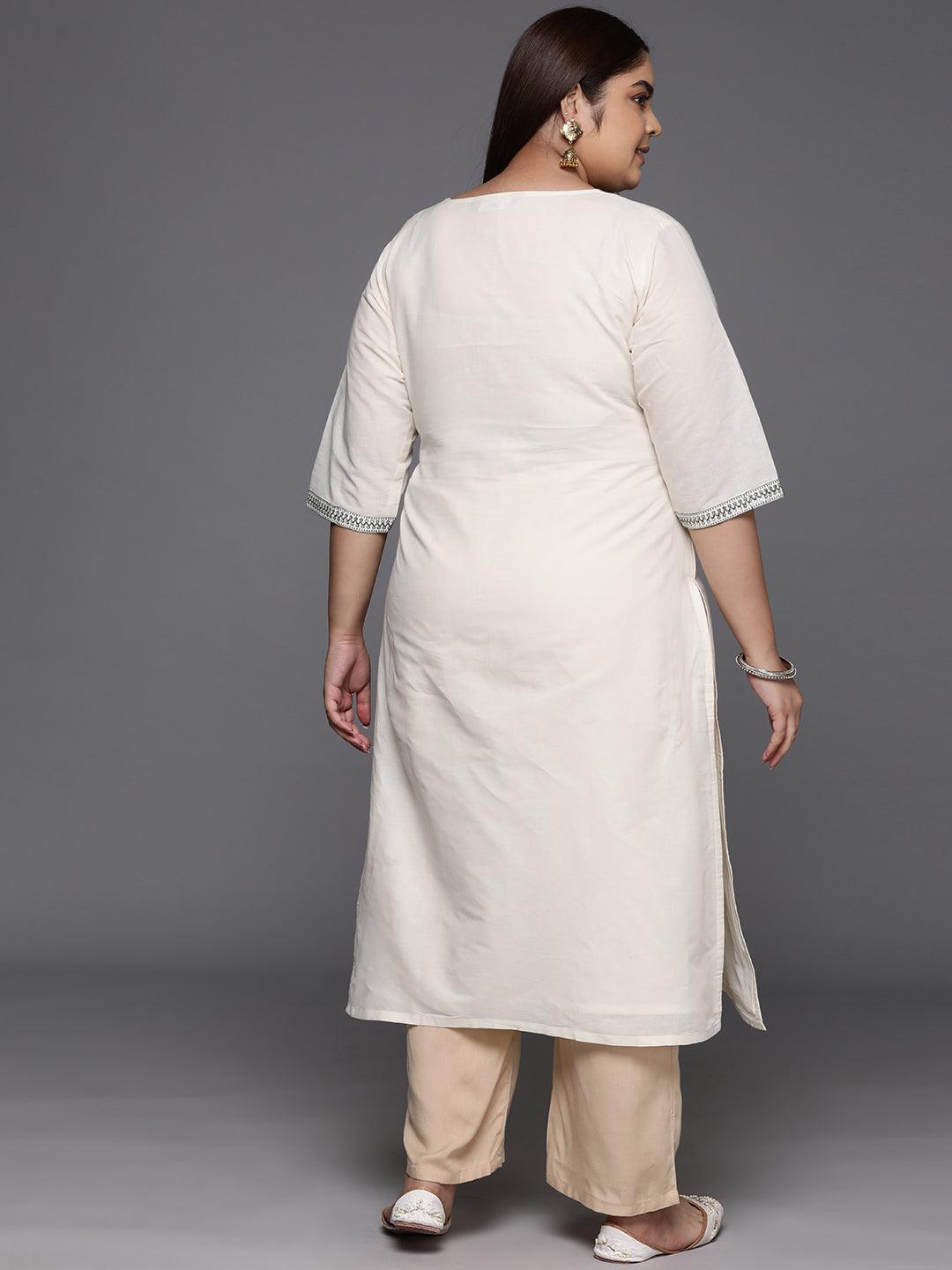 Plus Size Off White Yoke Design Cotton Straight Kurta