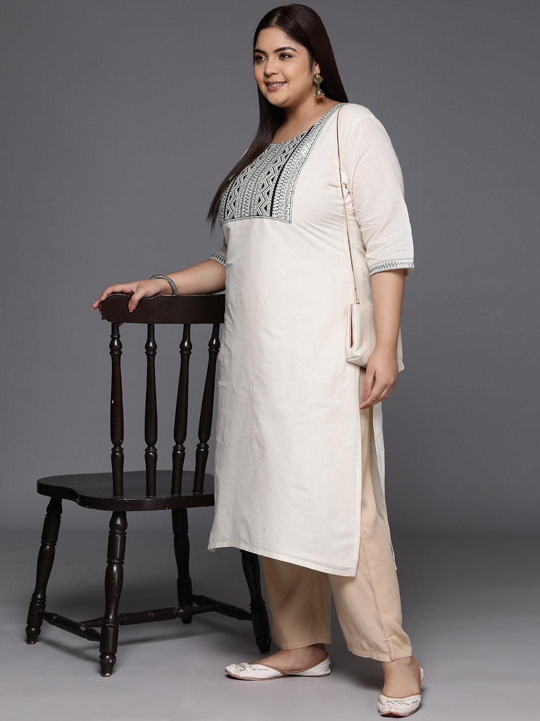 Plus Size Off White Yoke Design Cotton Straight Kurta