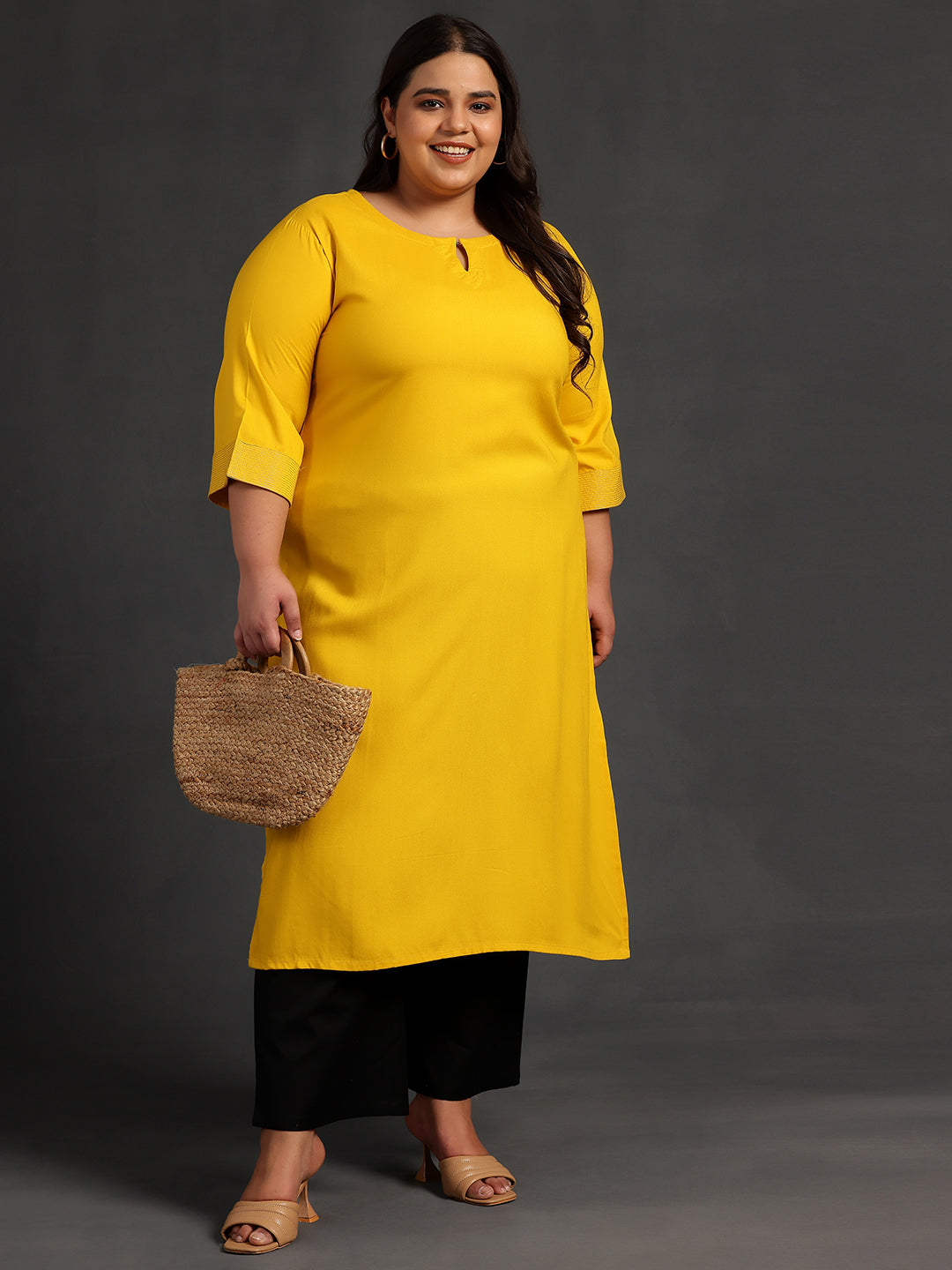 Plus Size Mustard Solid Rayon Straight Kurta