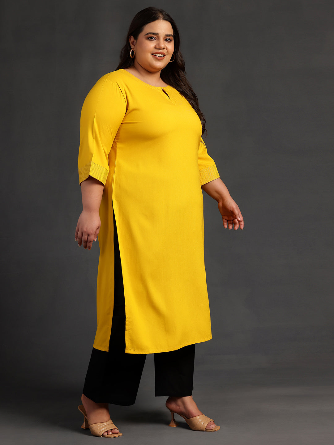 Plus Size Mustard Solid Rayon Straight Kurta